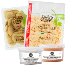 Daily Chef verse pasta pak à 250-500 gram,
Daily Chef groene pesto pastasaus
bakje à 180 gram
of Noordertrots pastasaus
bakje à 
